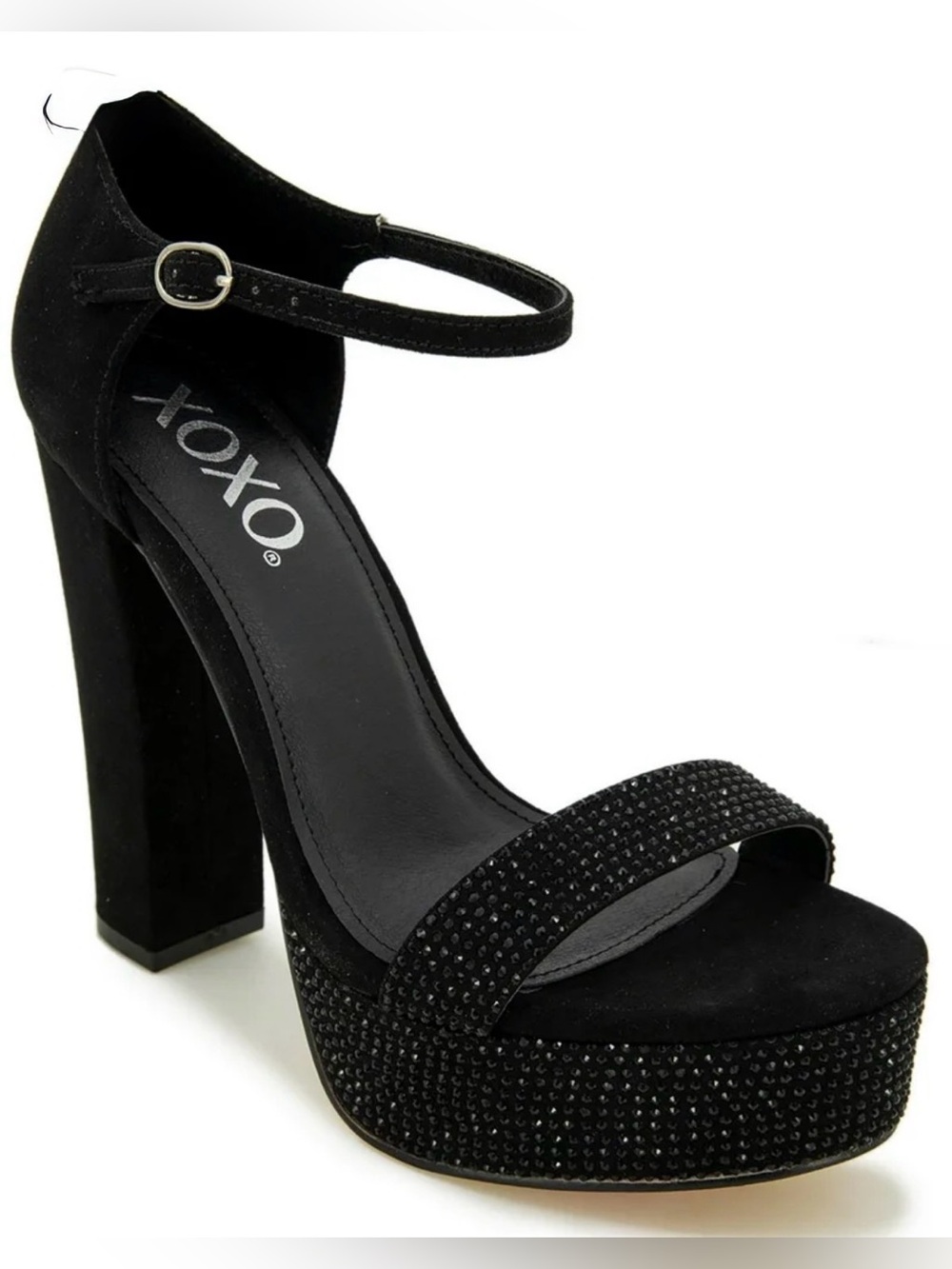 XOXO Women's Candy Faux Suede Embellished Platform Heels featuring rhinestones